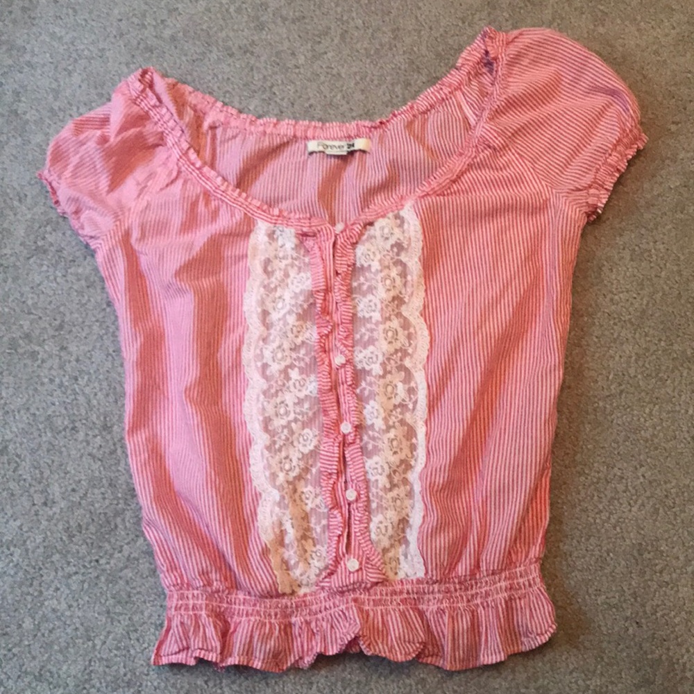 Striped button down blouse w lace